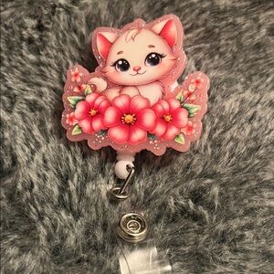 Cute Cat Badge Reel with Pink Flowers
